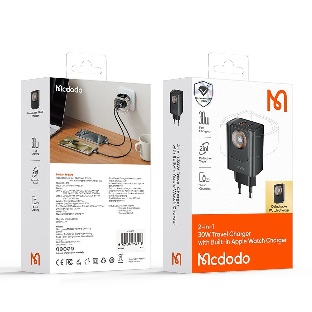 Cargador de Red McDodo CH-3700 Companion, 30W, 3A, 1 x USB-A - 1 x USB-C, Negro