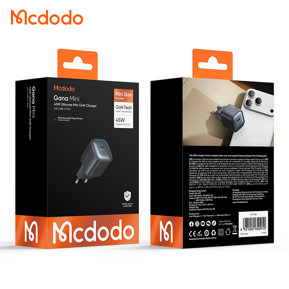 Cargador de Red McDodo CH-4391 Ultimate Mini, 45W, 3A, 1 x USB-C, Negro