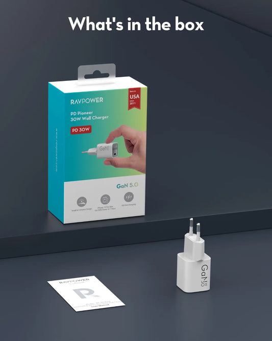Cargador de Red RavPower RP-PC1056, 30W, 3A, 1 x USB-C, Blanco