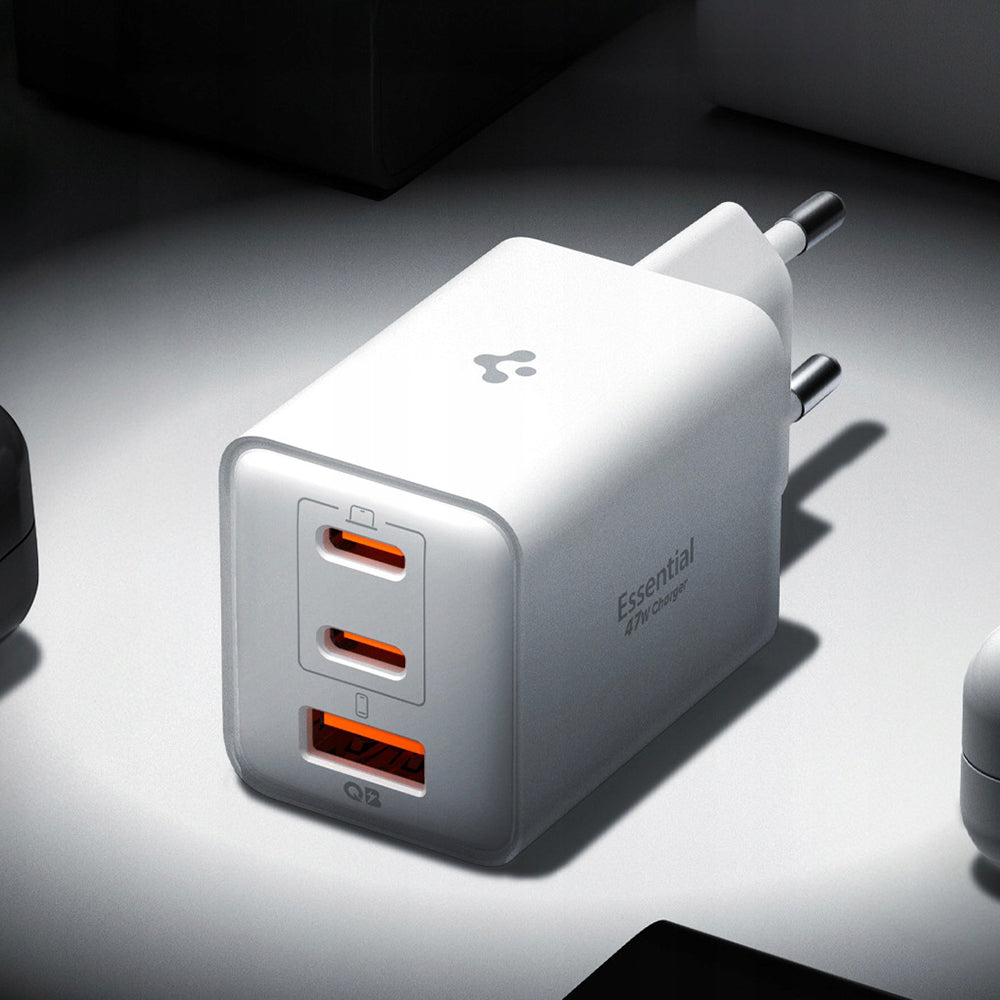 Cargador de Red Spigen EE473EU Essential, 47W, 3A, 1 x USB-A - 2 x USB-C, Blanco ACH09464