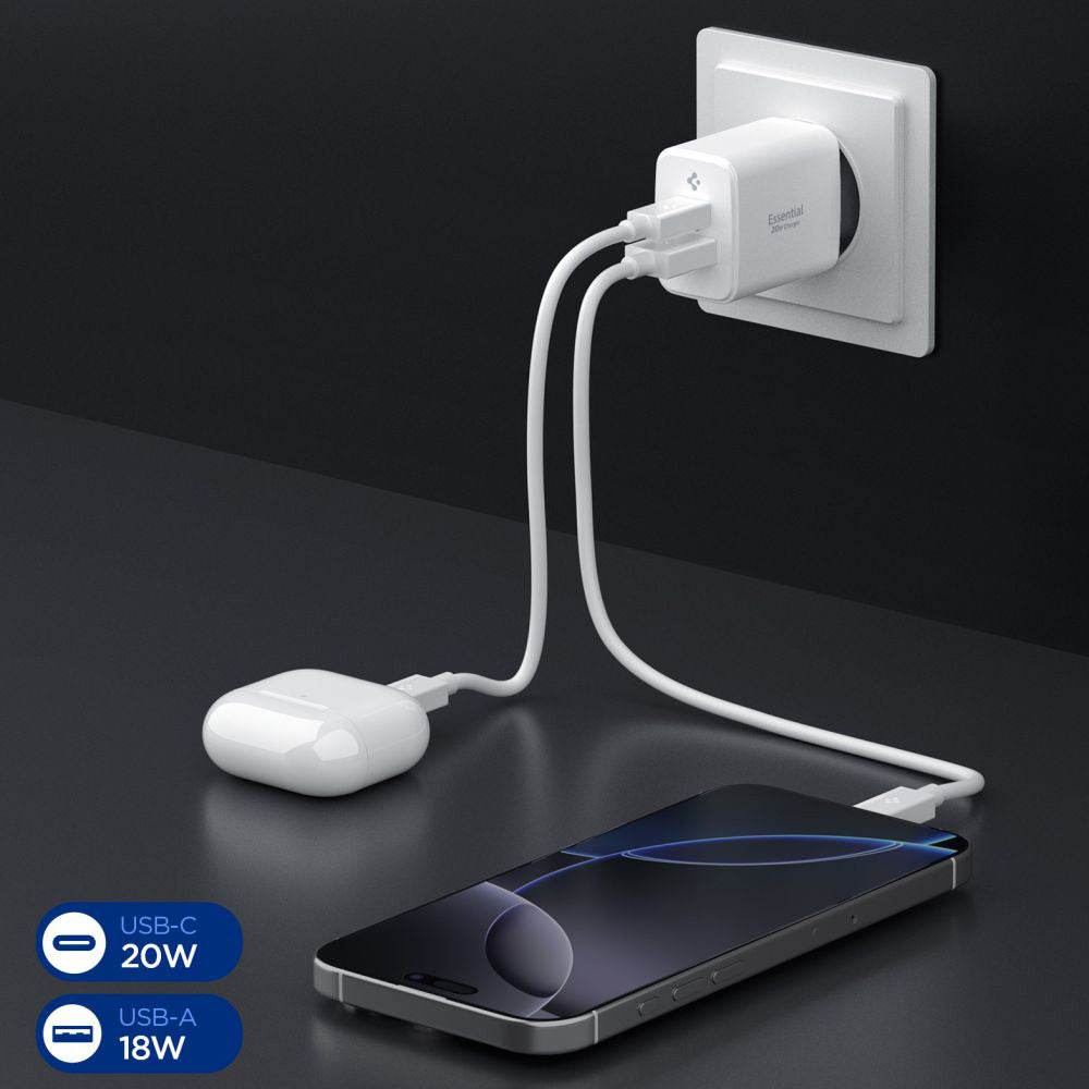 Cargador de Red Spigen Essential, 20W, 3A, 1 x USB-A - 1 x USB-C, Blanco ACH08704