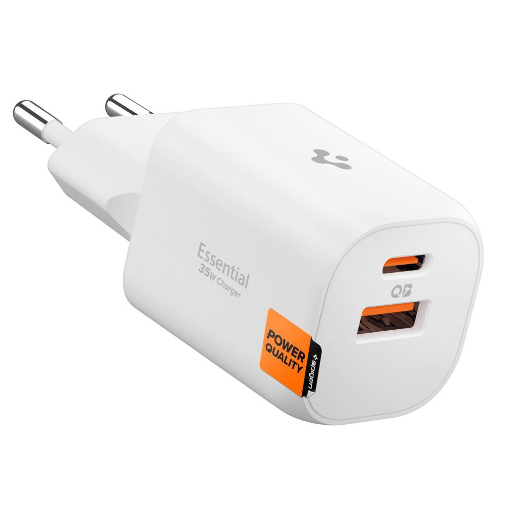 Cargador de Red Spigen Essential, 35W, 3A, 1 x USB-A - 1 x USB-C, Blanco