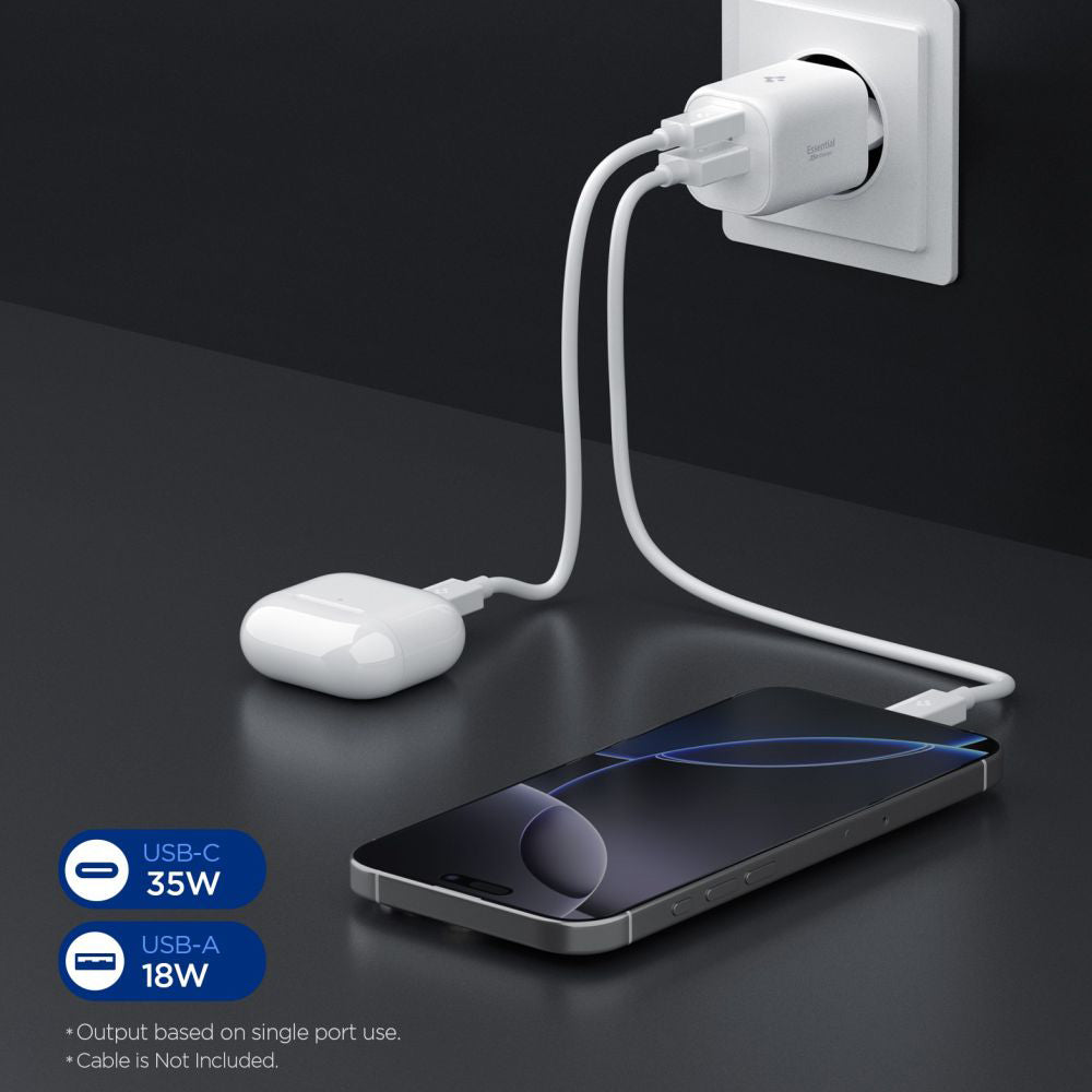 Cargador de Red Spigen Essential, 35W, 3A, 1 x USB-A - 1 x USB-C, Blanco