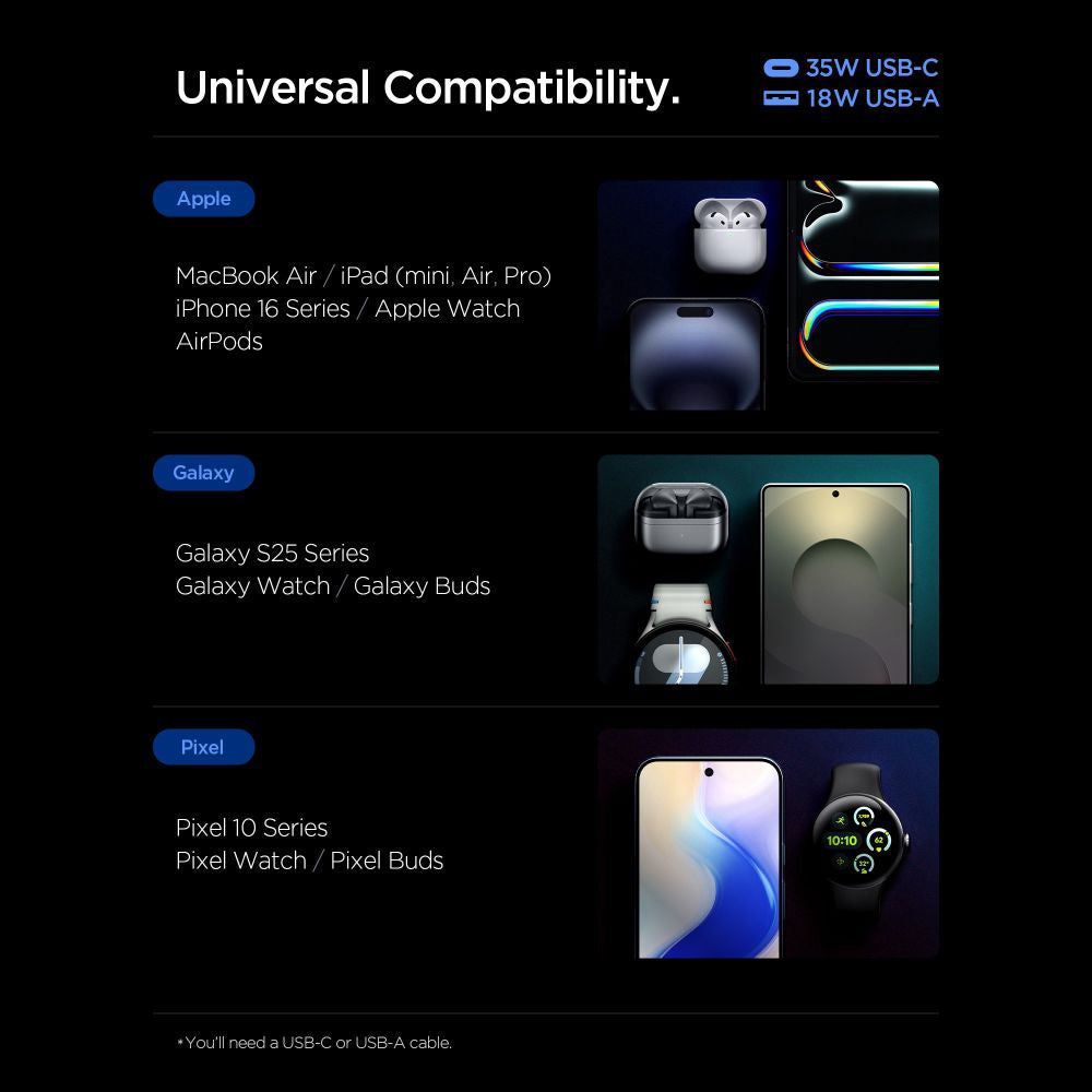 Cargador de Red Spigen Essential, 35W, 3A, 1 x USB-A - 1 x USB-C, Blanco