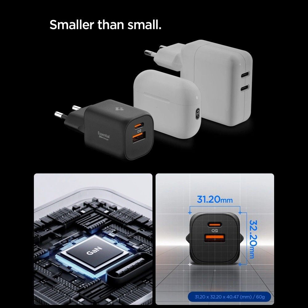 Cargador de Red Spigen Essential, 35W, 3A, 1 x USB-A - 1 x USB-C, Blanco