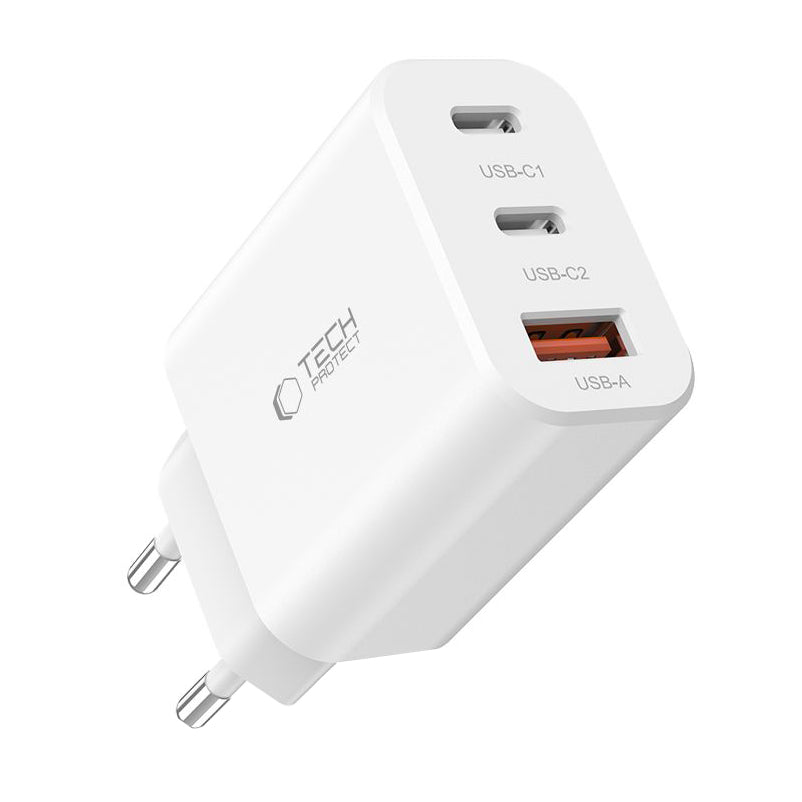 Cargador de red Tech-Protect NC30W, 30W, 3A, 1 x USB-A - 2 x USB-C, Blanco