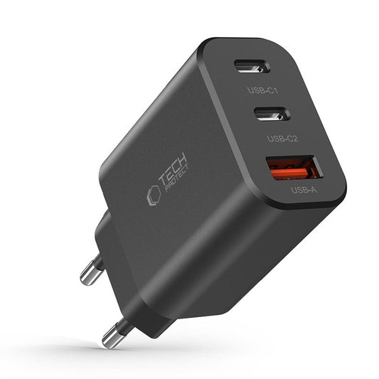 Cargador de red Tech-Protect NC30W, 30 W, 3 A, 1 x USB-A - 2 x USB-C, negro