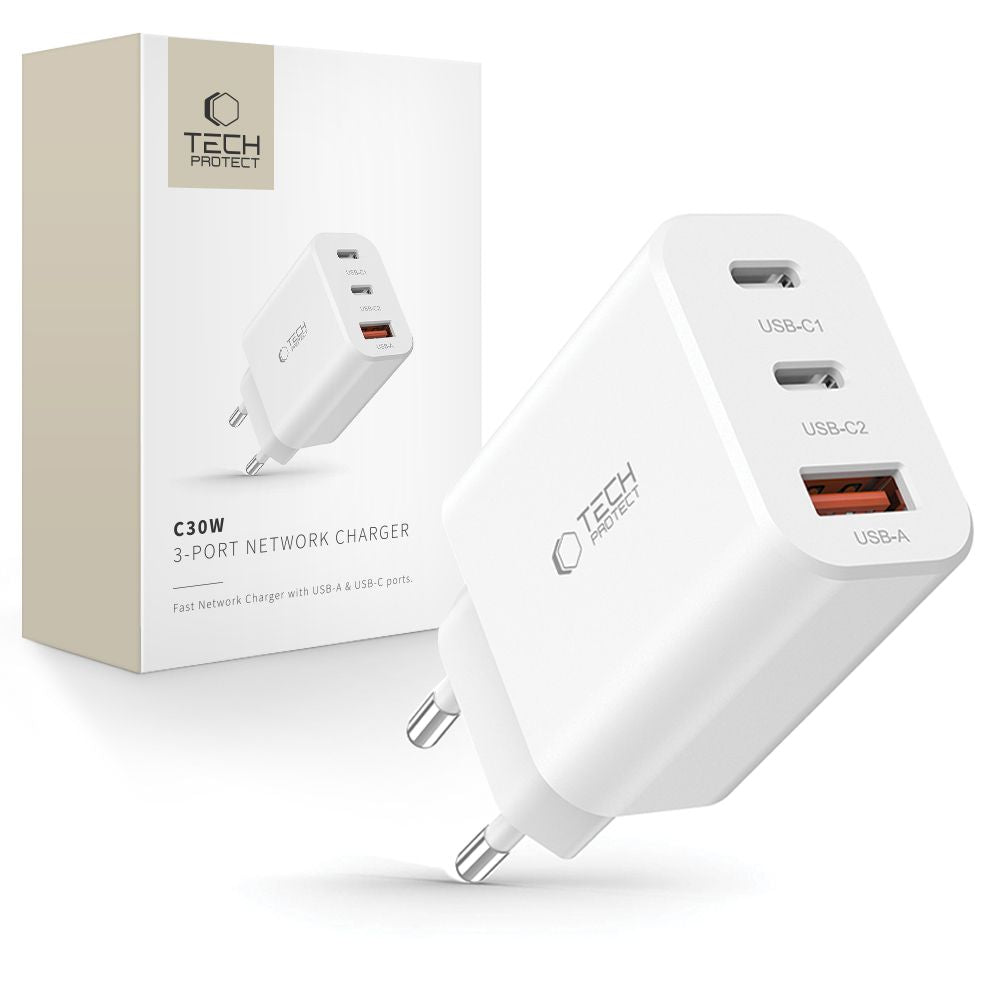 Cargador de red Tech-Protect NC30W, 30W, 3A, 1 x USB-A - 2 x USB-C, Blanco