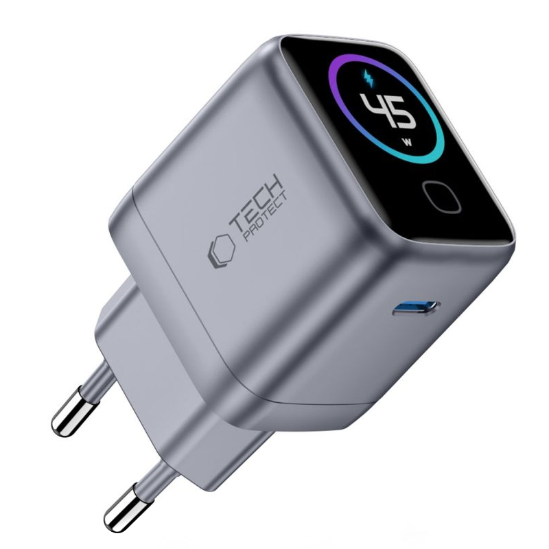 Cargador de Red Tech-Protect NC45W Display, 45W, 3A, 1 x USB-C, Gris