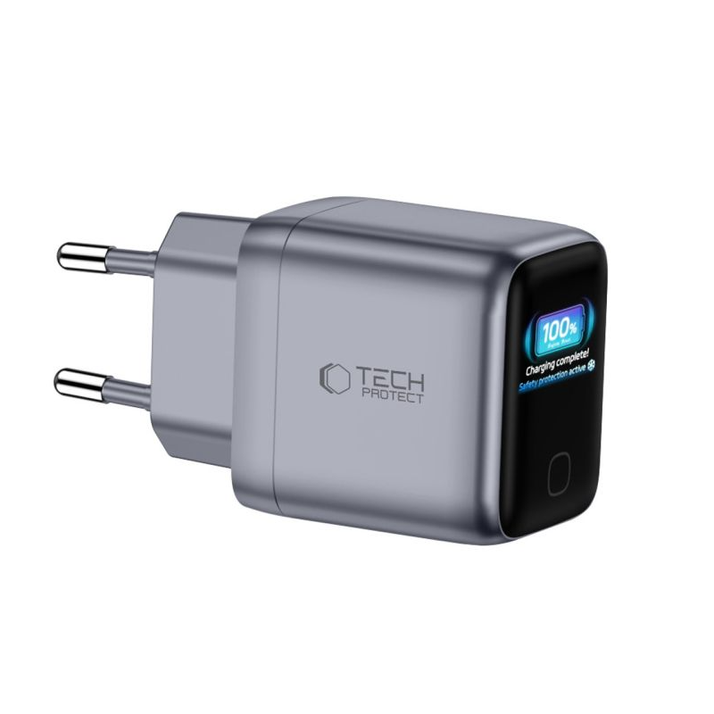 Cargador de Red Tech-Protect NC45W Display, 45W, 3A, 1 x USB-C, Gris