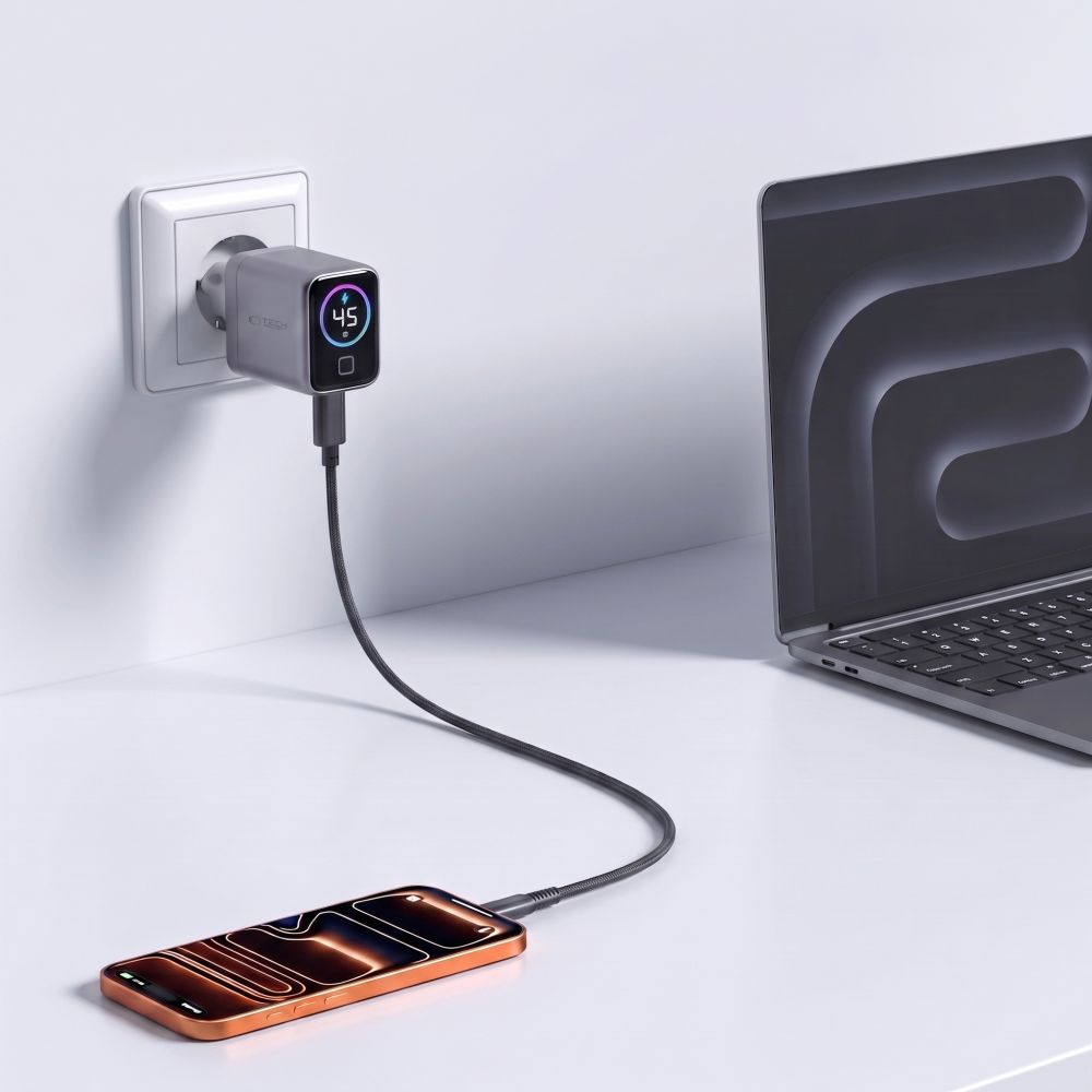 Cargador de Red Tech-Protect NC45W Display, 45W, 3A, 1 x USB-C, Gris