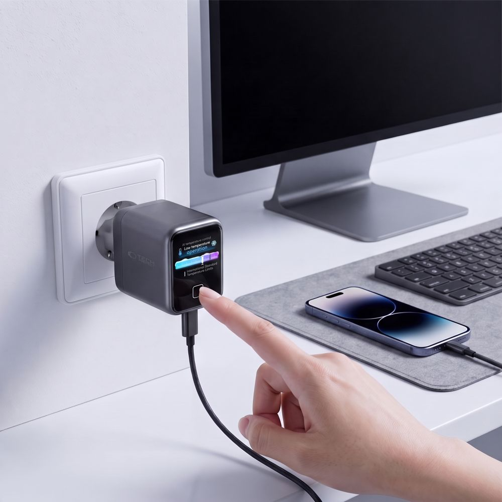 Cargador de Red Tech-Protect NC45W Display, 45W, 3A, 1 x USB-C, Gris