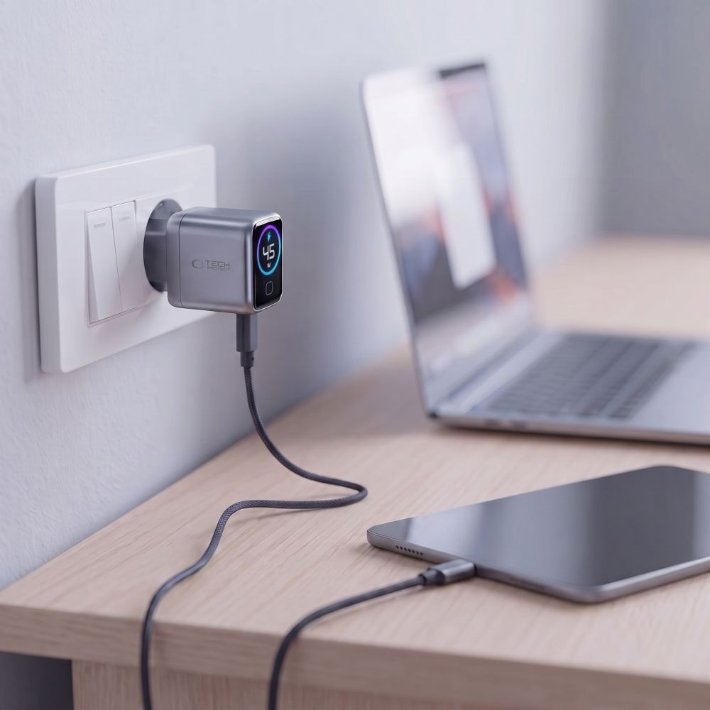 Cargador de Red Tech-Protect NC45W Display, 45W, 3A, 1 x USB-C, Gris