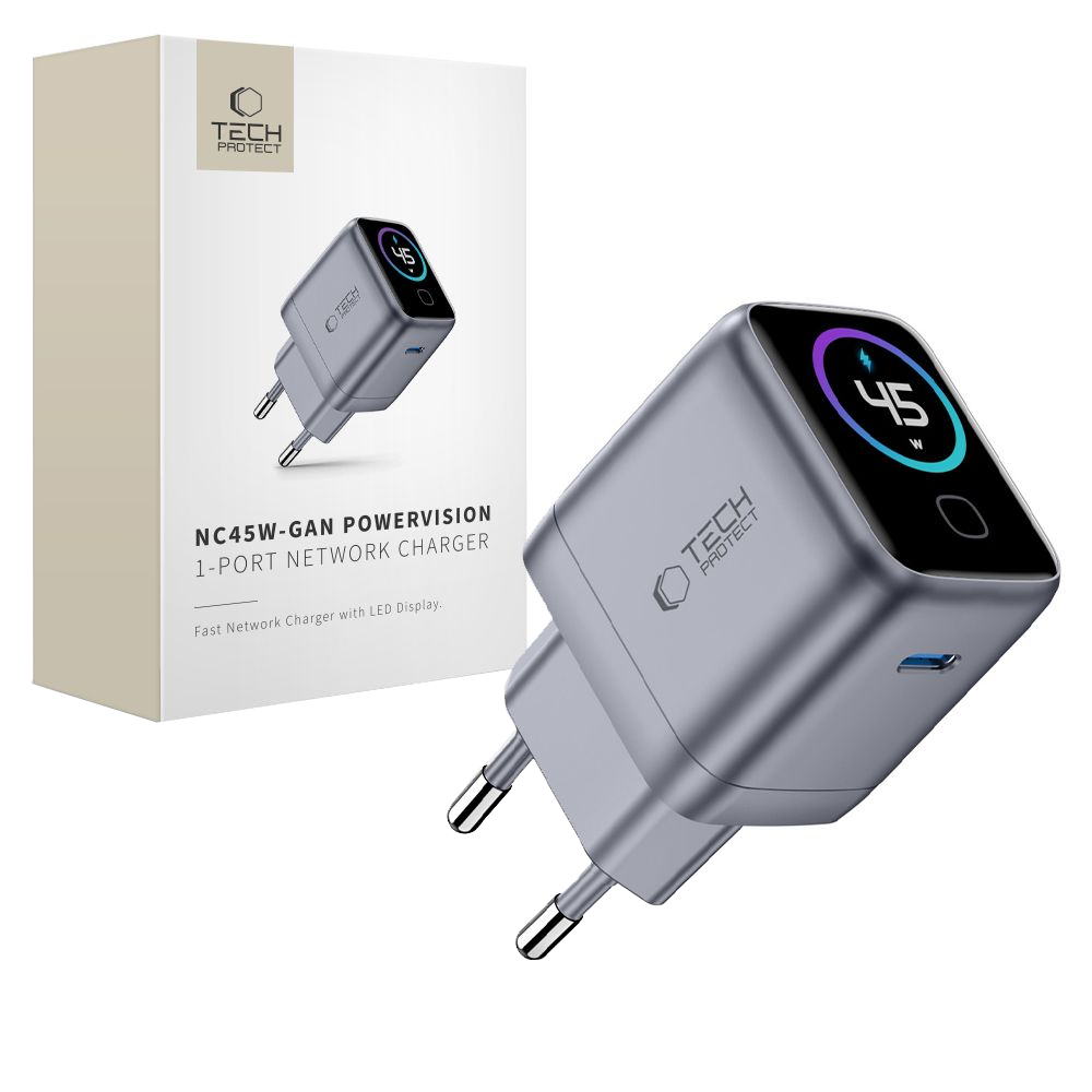 Cargador de Red Tech-Protect NC45W Display, 45W, 3A, 1 x USB-C, Gris