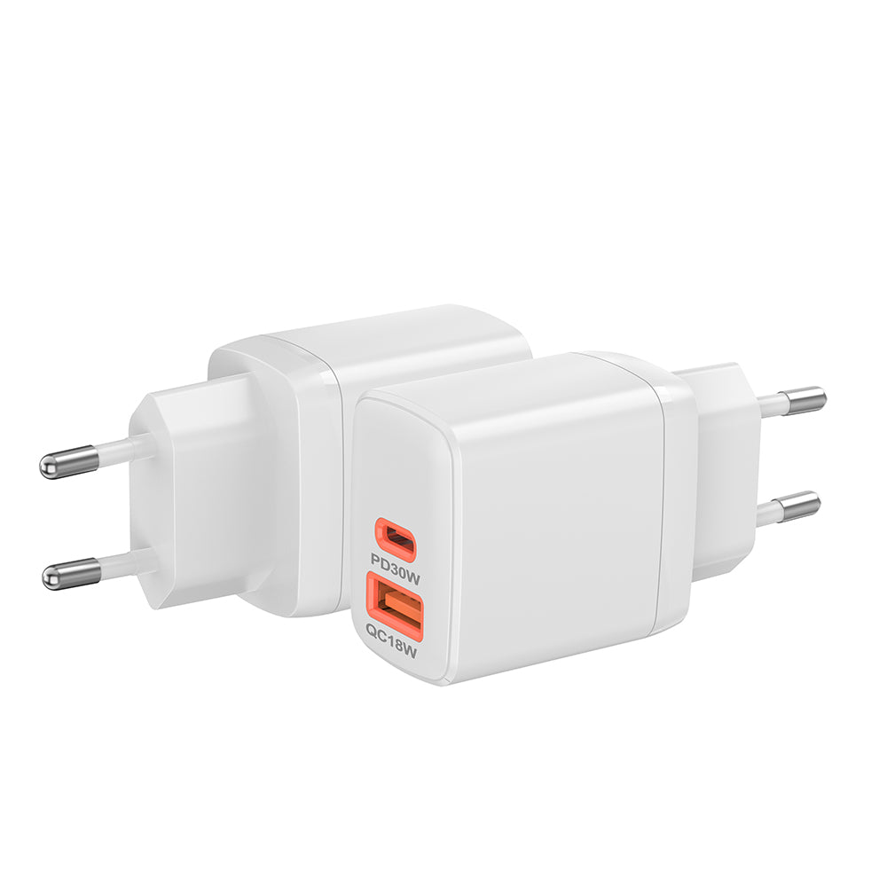 Cargador de Red Techsuit CH1 Duonix, 30W, 3A, 1 x USB-A - 1 x USB-C, Blanco