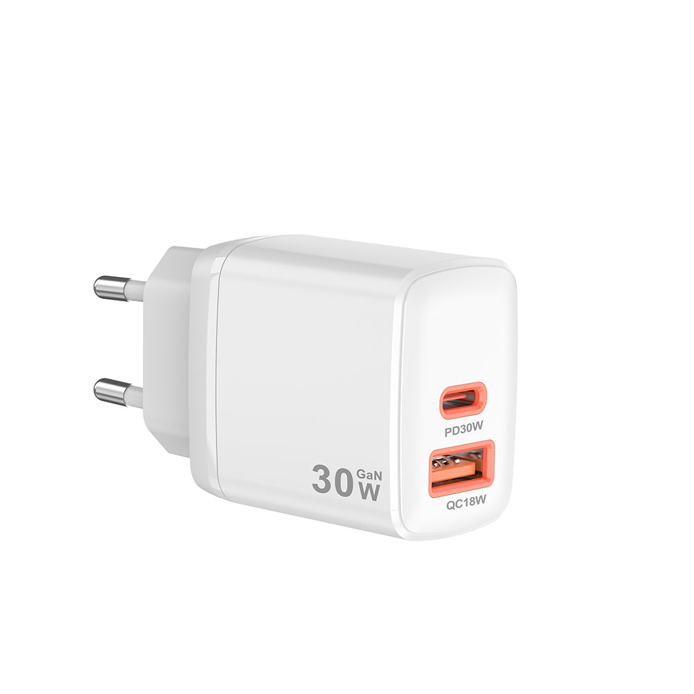 Cargador de Red Techsuit CH1 Duonix, 30W, 3A, 1 x USB-A - 1 x USB-C, Blanco