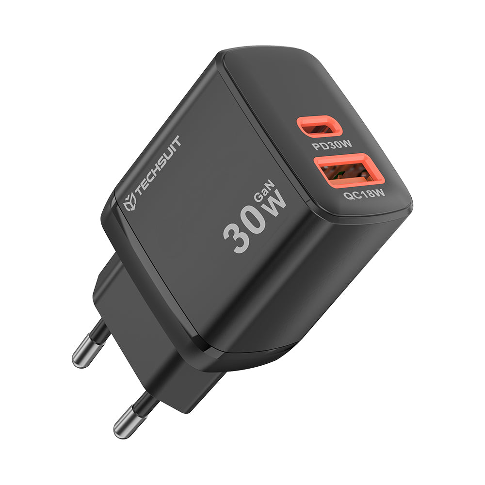 Cargador de Red Techsuit CH1 Duonix, 30W, 3A, 1 x USB-A - 1 x USB-C, Negro