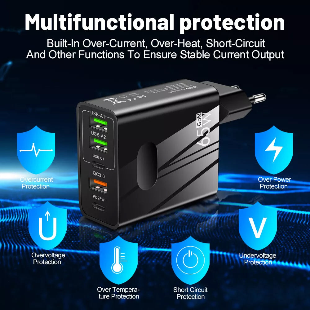 Cargador de Red Techsuit CHC1 PentaXPower, 25W, 3A, 3 x USB-A - 2 x USB-C, Negro