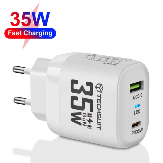 Cargador de Red Techsuit CHPD174, 35W, 3A, 1 x USB-A - 1 x USB-C, Blanco