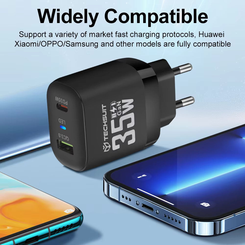 Cargador de Red Techsuit CHPD174, 35W, 3A, 1 x USB-A - 1 x USB-C, Blanco