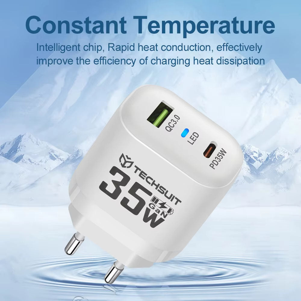 Cargador de Red Techsuit CHPD174, 35W, 3A, 1 x USB-A - 1 x USB-C, Blanco