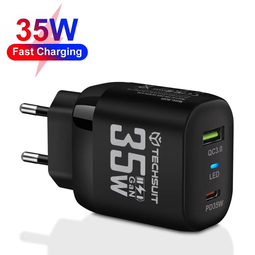 Cargador de Red Techsuit CHPD174, 35W, 3A, 1 x USB-A - 1 x USB-C, Negro