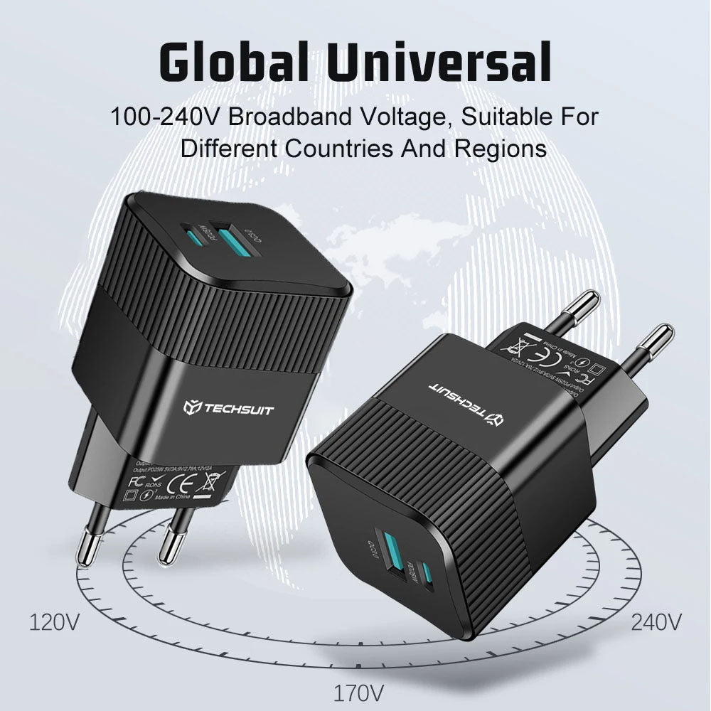 Cargador de Red Techsuit CHPD216 Tiny, 25W, 3A, 1 x USB-A - 1 x USB-C, Negro