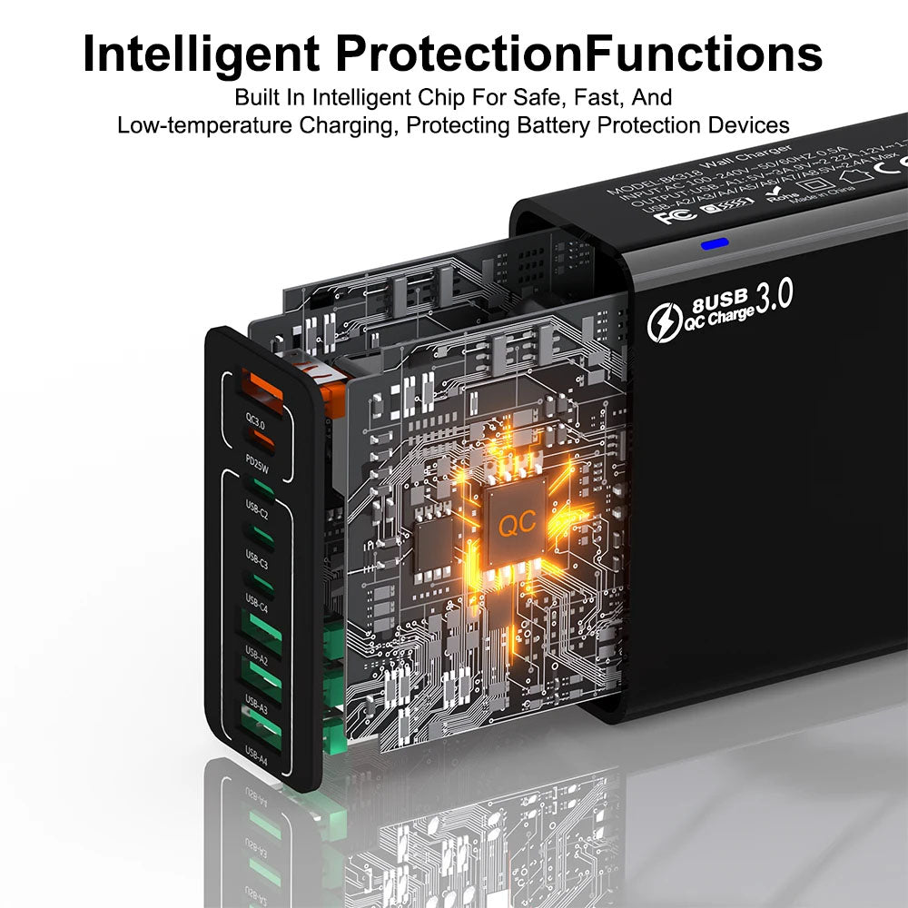 Cargador de Red Techsuit CHPD224, 65W, 3.25A, 4 x USB-A - 4 x USB-C, Blanco