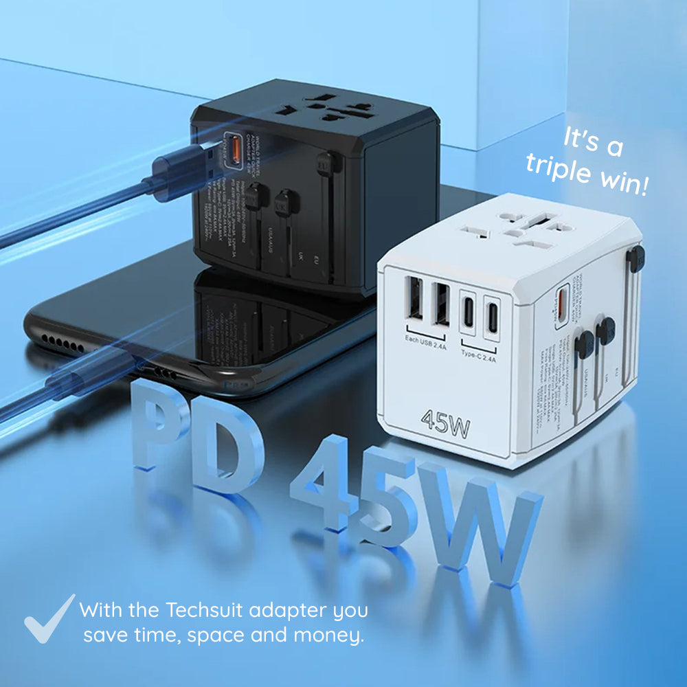 Cargador de Red Techsuit HHT905 Travel, 45W, 3A, 2 x USB-A - 2 x USB-C, Negro