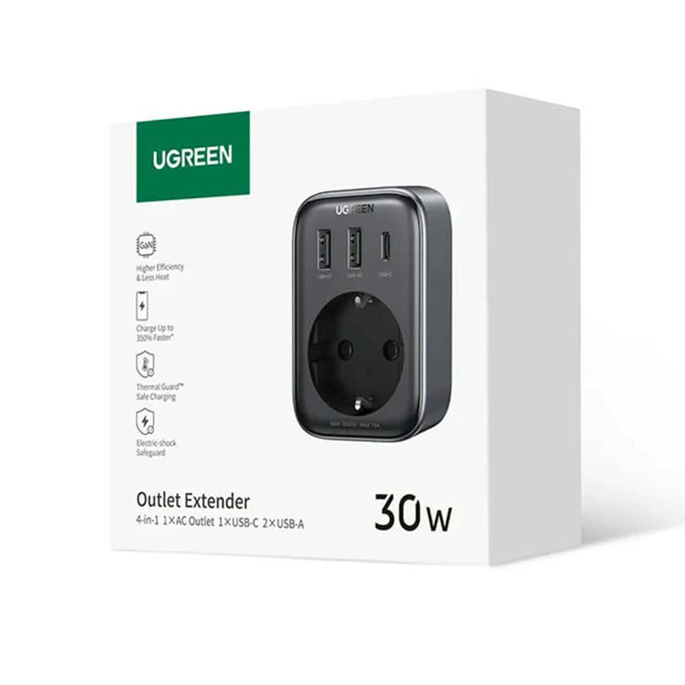 Cargador de Red UGREEN 15289 US, 30W, 3A, 2 x USB-A - 1 x USB-C - 1 x Schuko, Negro
