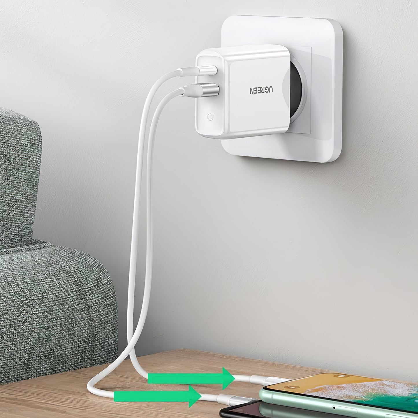 Cargador de red UGREEN CD170, 36W, 3A, 1 x USB-A - 1 x USB-C, Blanco