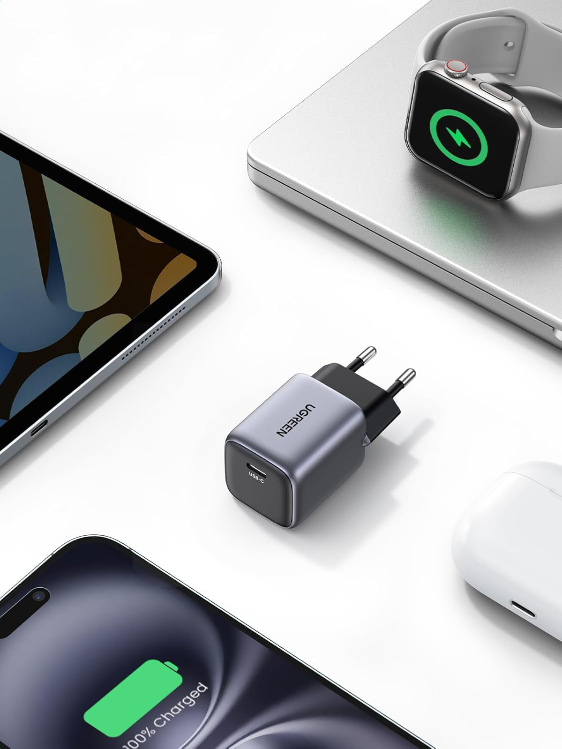 Cargador de red UGREEN CD319, 30W, 3A, 1 x USB-C, Gris