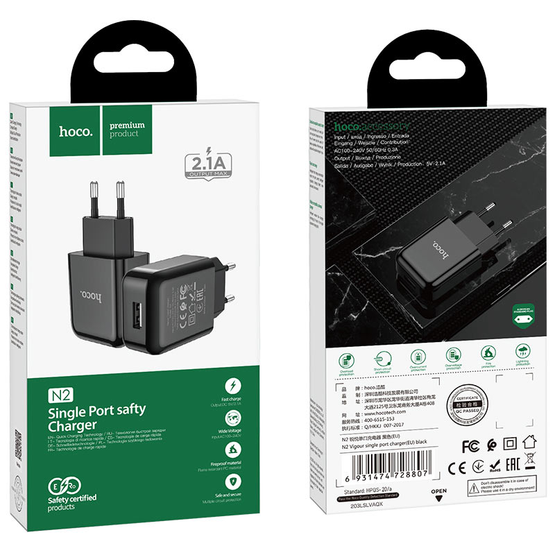 Cargador de Red HOCO N2, 10W, 2A, 1 x USB-A, Negro