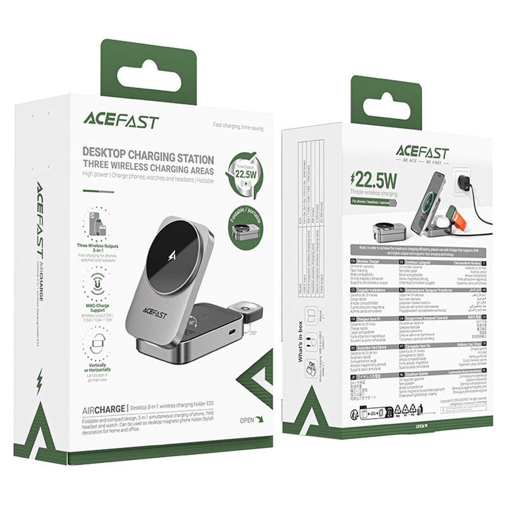 Cargador de Red Inalámbrico Acefast E22 3en1, 22.5W, 1.67A, Gris