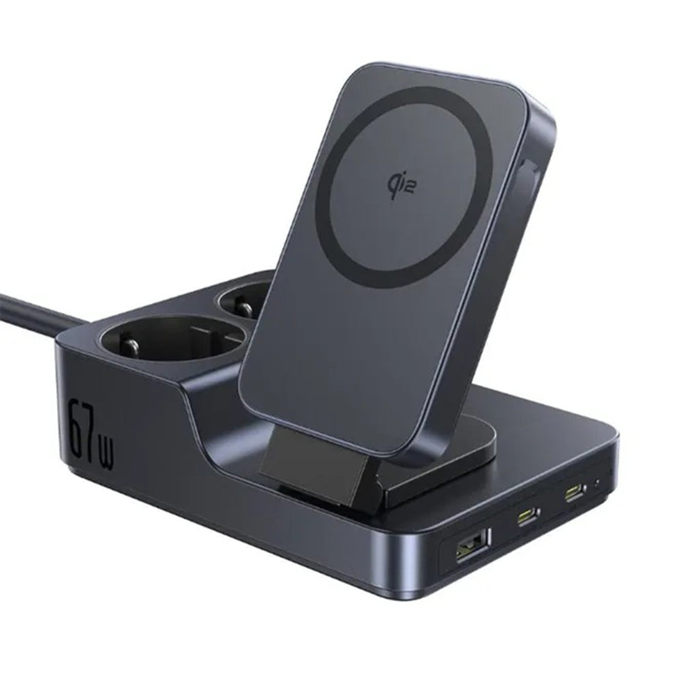 Cargador Estación Baseus Nomos ND11 QI 6en1, 67W, 3.35A, 1 x USB-A - 2 x USB-C - 2 x Schuko, Negro P80015804213-00