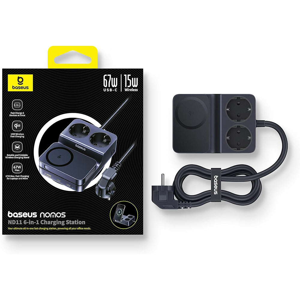 Cargador Estación Baseus Nomos ND11 QI 6en1, 67W, 3.35A, 1 x USB-A - 2 x USB-C - 2 x Schuko, Negro P80015804213-00