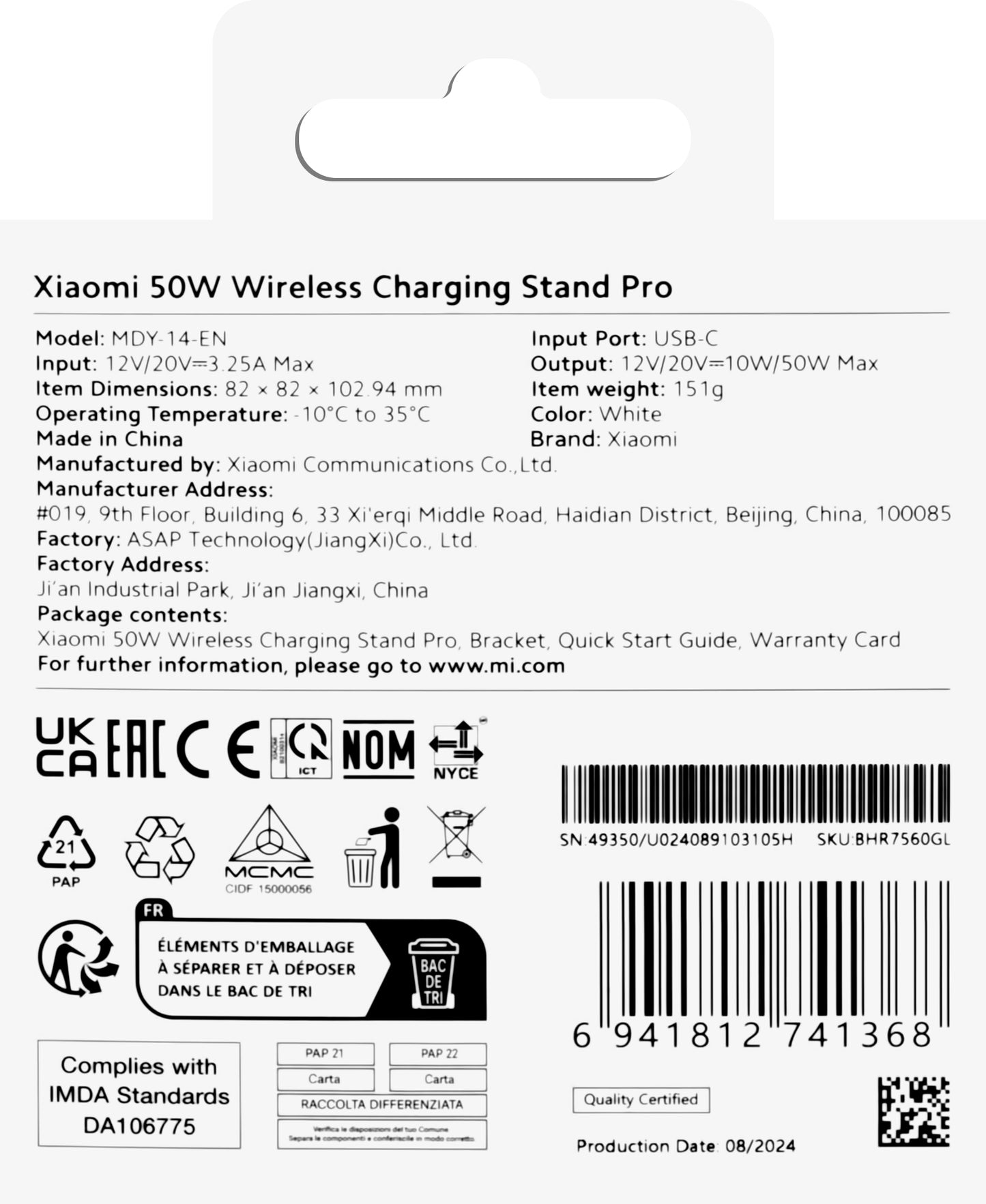 Cargador de red inalámbrico Xiaomi Stand Pro, 50 W, blanco BHR7560GL