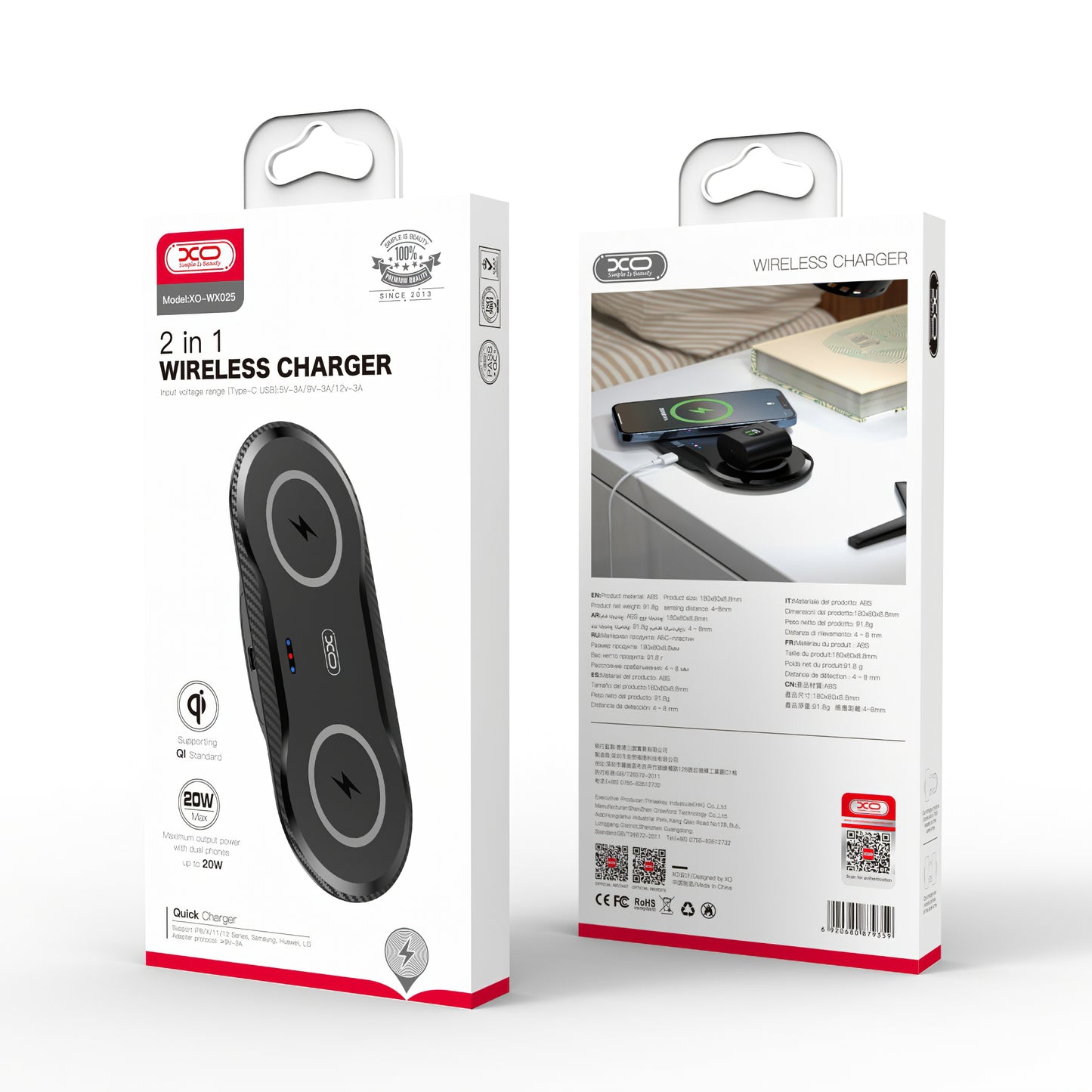 Cargador de red inalámbrico XO Design WX026, 20 W, 1,1 A, negro