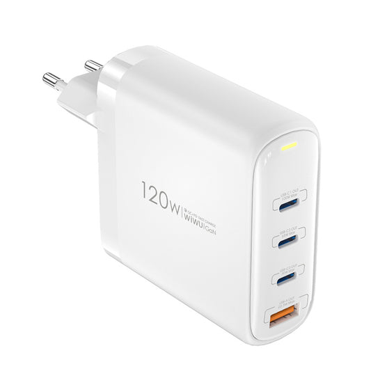Cargador de red WiWu Wi-U020, 120W, 3A, 1 x USB-A - 3 x USB-C, Blanco