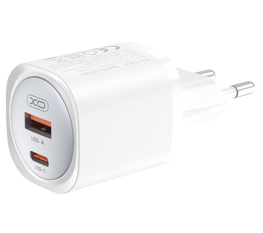 Cargador de Red XO Design CE21, 30W, 3A, 1 x USB-A - 1 x USB-C, Blanco