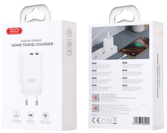Cargador de Red XO Design CE34, 12W, 2.4A, 2 x USB-A, Blanco