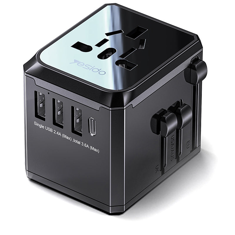Cargador de Red Yesido MC10 Travel, 12W, 2.4A, 1 x USB-C - 3 x USB-A, Negro