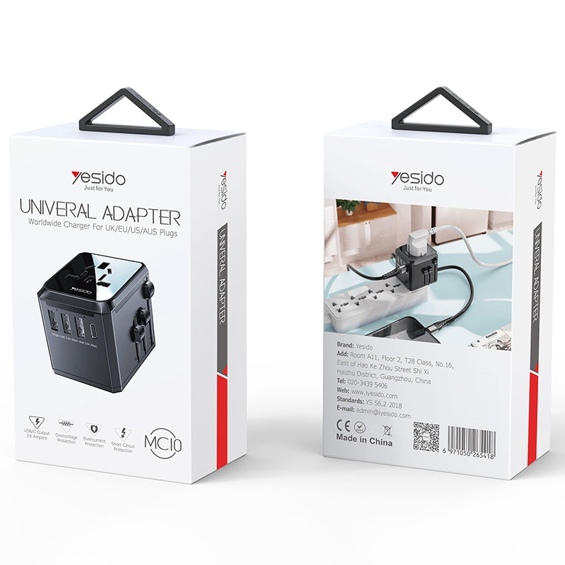 Cargador de Red Yesido MC10 Travel, 12W, 2.4A, 1 x USB-C - 3 x USB-A, Negro