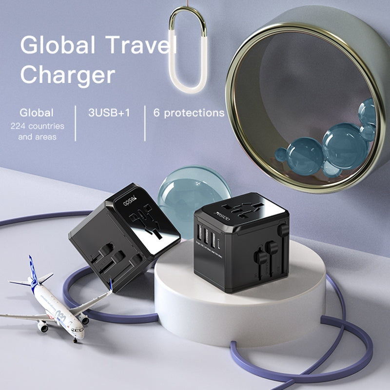 Cargador de Red Yesido MC10 Travel, 12W, 2.4A, 1 x USB-C - 3 x USB-A, Negro