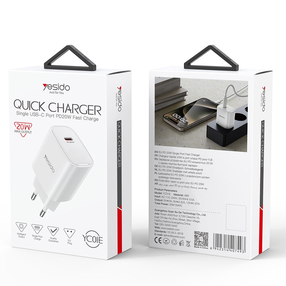 Cargador de Red Yesido YC01E, 20W, 3A, 1 x USB-C, Blanco