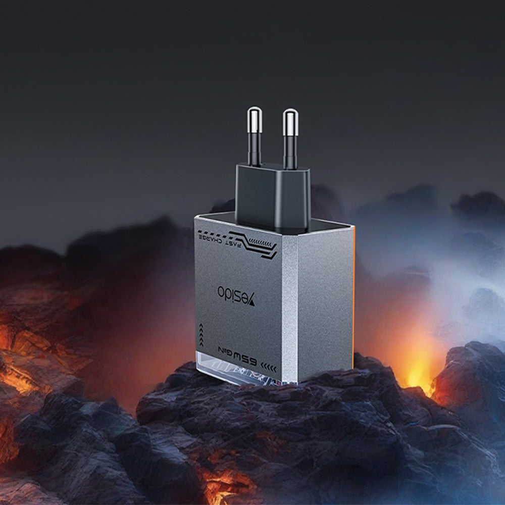 Cargador de Red Yesido YC101, 65W, 3.25A, 1 x USB-A - 2 x USB-C, Negro