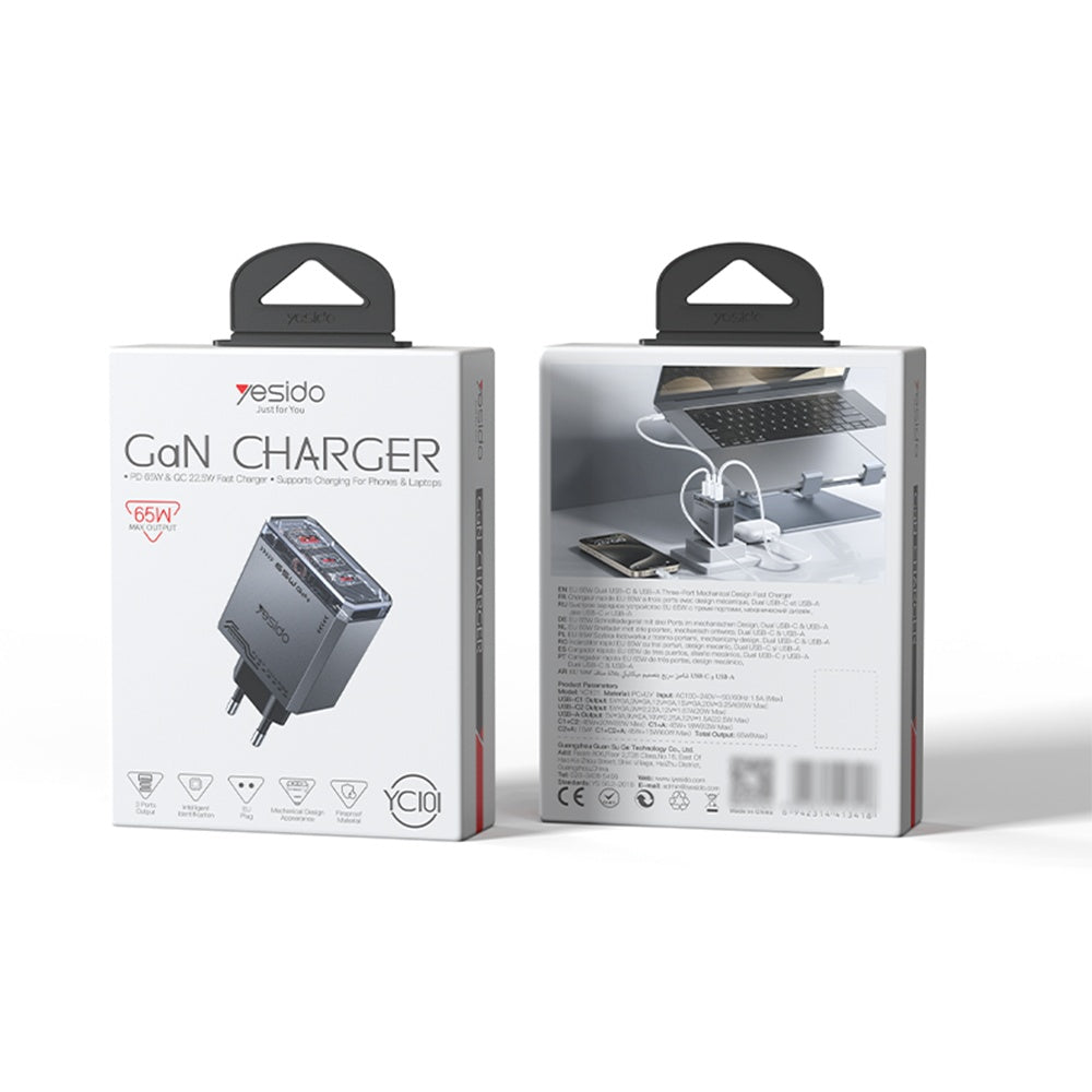 Cargador de Red Yesido YC101, 65W, 3.25A, 1 x USB-A - 2 x USB-C, Negro
