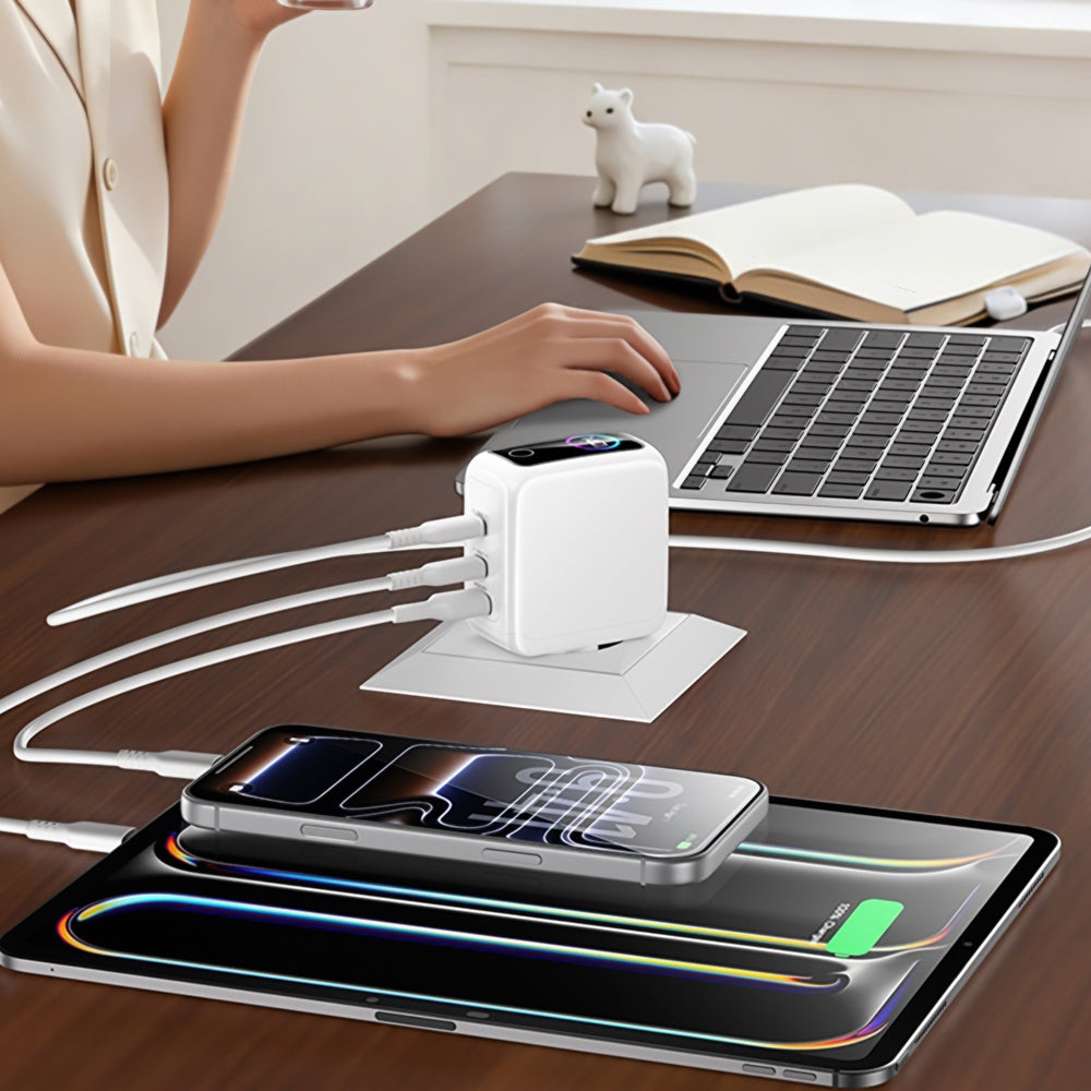 Cargador de Red Yesido YC114 con Pantalla, 140W, 5A, 1 x USB-A - 2 x USB-C, Blanco