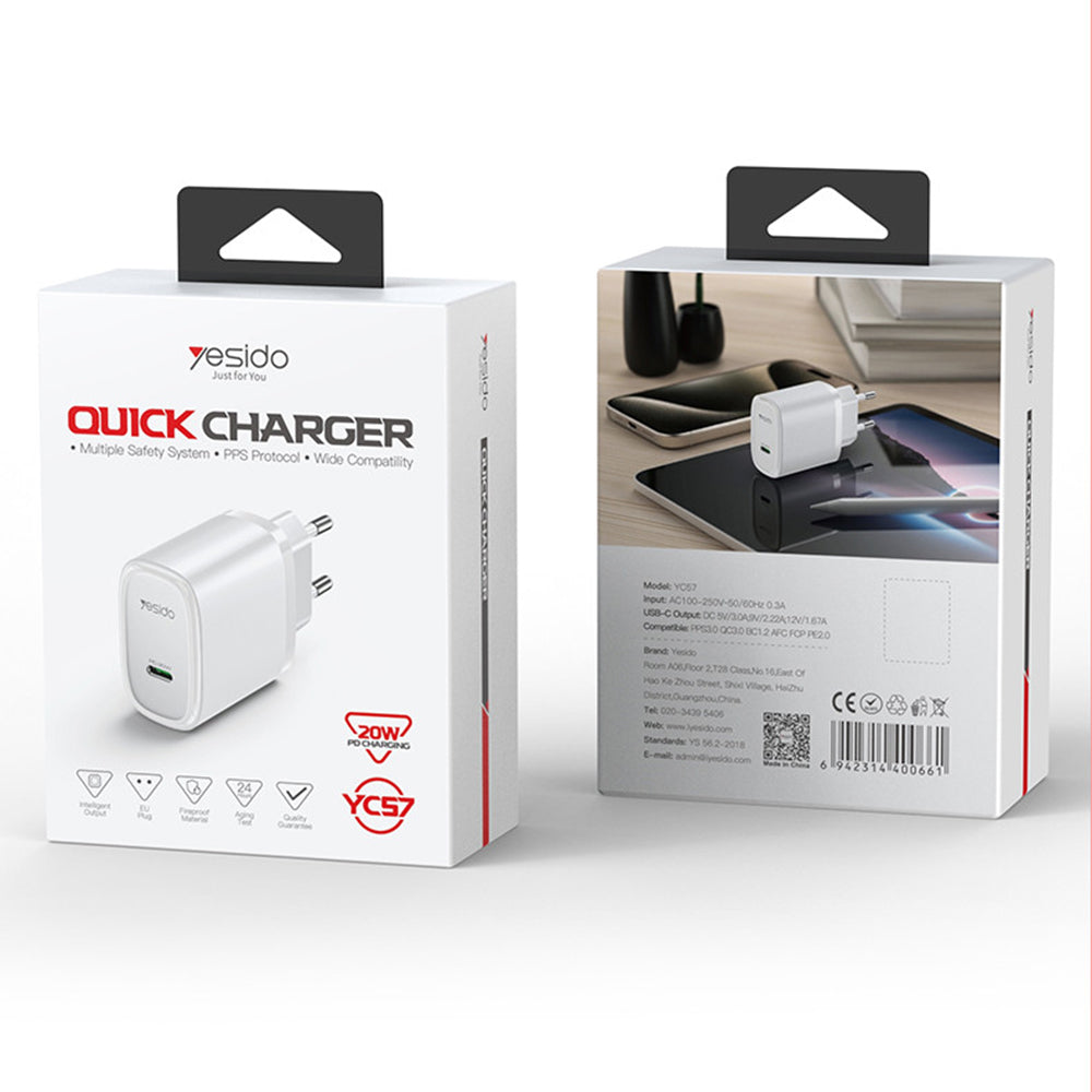 Cargador de Red Yesido YC57, 20W, 3A, 1 x USB-C, Blanco