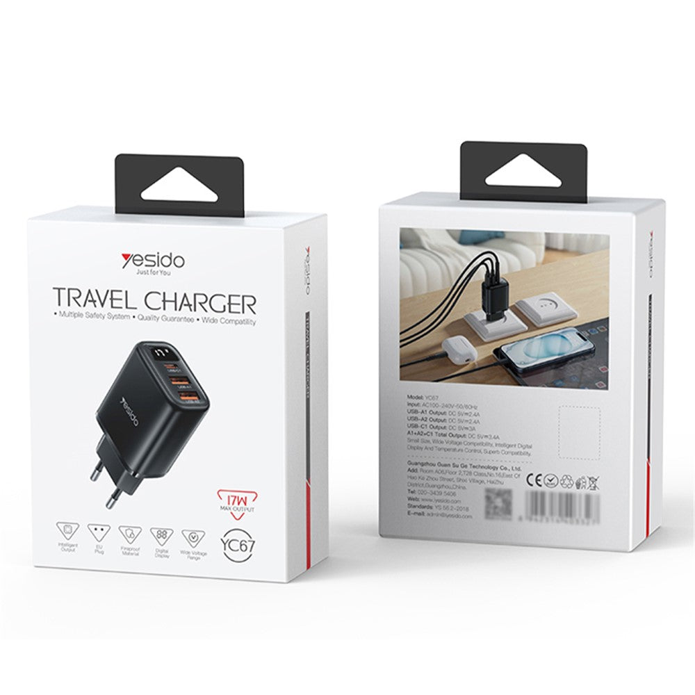 Yesido YC67 Network Charger Display, 17W, 2.4A, 1 x USB-C - 2 x USB-A, Black